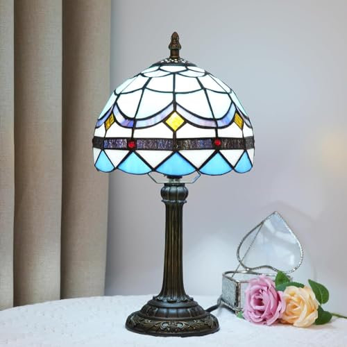 Hobaca 20CM E27 Tiffany Glasmalerei Schreibtischlampen Einfache Europäische Blaue Mediterrane Schlafzimmer Tischlampen