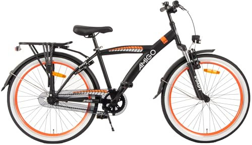 AMIGO Roady Fahrrad 24 Zoll - Kinderfahrrad für Jungen - Rücktrittbremse und V-Brake - Schwarz/Orange