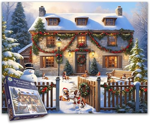 Dogs in a Christmas Cottage Garden With Snow 500 & 1000 Piece Festive Jigsaw Puzzle For Adults - Family Fun Games For Xmas - Made In Britain Size 66 x 50cm (1000 Piece)