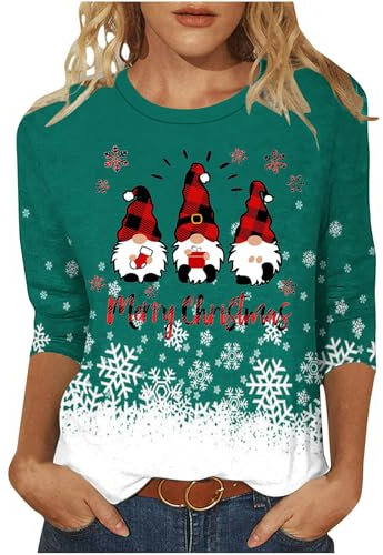 Womens Christmas Jumpers and T Shirts Light Up Christmas Tree Printed Tops Sparkly Wine Glass Xmas Shirts Crewneck Blouse Casual Pullover 3/4 Sleeve Tunic Tees for Work Officce