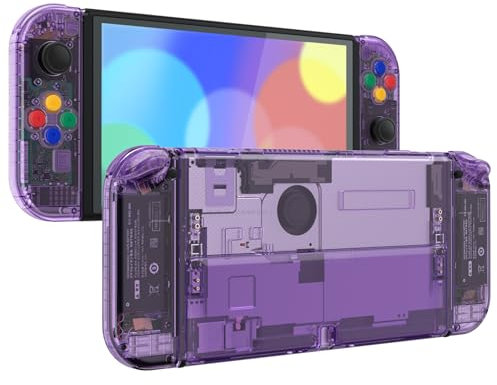 eXtremeRate DIY Full Set Shell Buttons for Nintendo Switch OLED, Crystal Clear Atomic Purple Replacement Back Plate & Kickstand Custom Case Housing for Nintendo Switch OLED JoyCon - No Controller