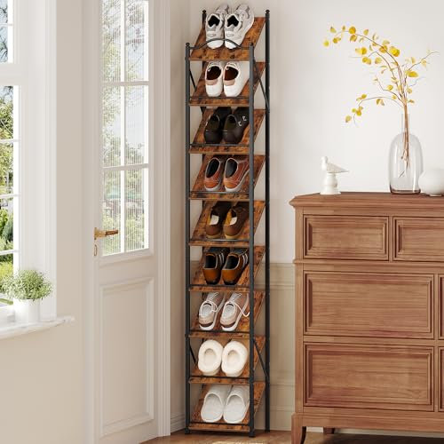 Hzuaneri Vertikales Schuhregal, Schmales Schuhablage mit 9 Ebenen, 2 Einstellbaren Modi, Platzsparend, Schuhturm für Eingangsbereich, Flur, Wohnzimmer, Braun SR28901B