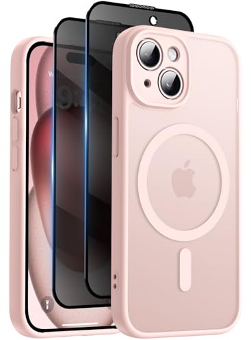Aekyiwot Hülle für iPhone 15 Magnetische Handyhülle Kompatibel mit iPhone 15 MagSafe mit Kameraschutz, 1 Hülle mit 2 Schutzfolie Sichtschutz Privacy Schutz, Stoßfest Kratzfest Schutzhülle, Rosa