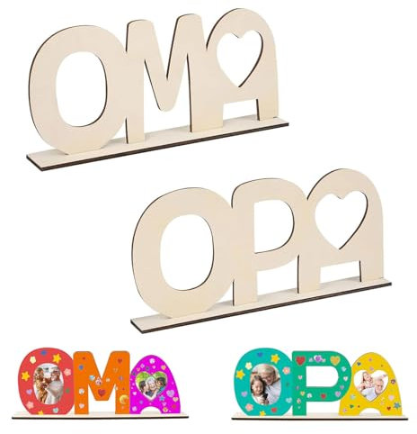 Srvauyea 2 Stücke Oma Opa Geschenk, Enkel Geschenke für Opa Oma, Oma und Opa Holzbuchstaben Bastelset, Oma Opa Bilderrahmen, Holz Fotorahmen, Holz Bilderrahmen mit Standhilfe für Geburtstag Dekoration