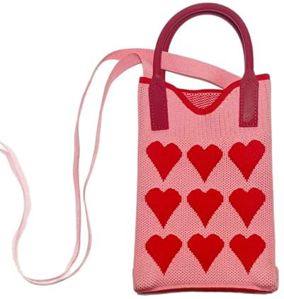 Ltsbaed Handy Tasche Damen Umhänge, Liebe Gestrickte Tasche, Rosa Herz Handytasche zum Umhängen, Handy Tasche Damen Umhänge, für Alltag Shopping Reisen