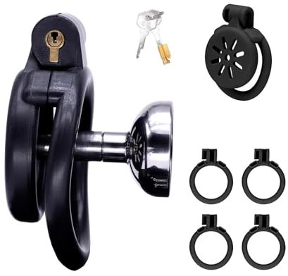 Crysore Inverted Chastity Cage mit Katheter und Urinschale Sexspielzeug Keuschheitskäfig Herren mit 4 Verschiedenen Ringen Flacher Peniskäfig mit Verdecktem Schloss für Männerfesselung (D,Black)