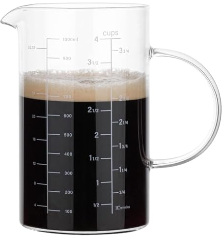Ohulelks Glas-Messbecher, isolierter Griff, V-förmiger Auslauf, hoher Borosilikatglas-Messbecher, 1000 ml, 1 Liter, 4 Tassen