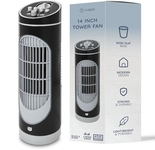 CUQOO 14 inch Table Top Tower Fan - 80° Bladeless Oscillating Fan with 3 Speed Levels and 2-Hour Timer, Lightweight for Bedroom, Living Room, Kitchen, Home Office (Black and Silver, 14 Inch)