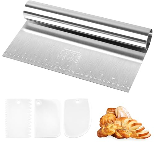 Feirdhoo Juego de 4 tarjetas de masa, 30 x 12 cm, cortador de masa de acero inoxidable grande con escala de medición, 3 espátulas de plástico para tartas, espátulas de masa, espátula para tartas