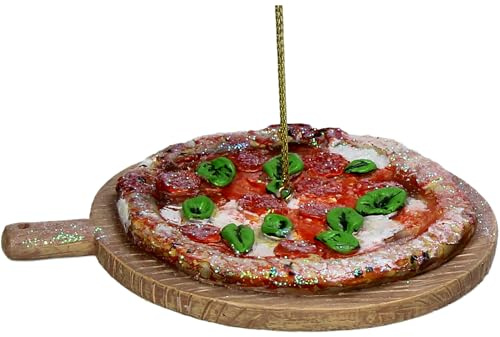 Christbaumschmuck Glas 10cm - Pizza auf Holzbrett Figur zum Aufhängen - handbemalt & mit Glitzer - Weihnachtsbaum Anhänger für Weihnachten - Christbaumanhänger & Weihnachtsbaumschmuck - Braun