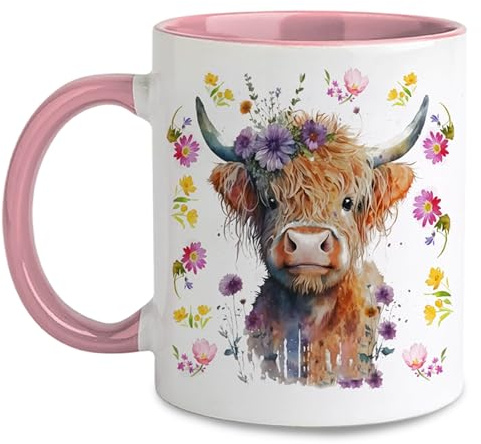 Highland Cow Mug, Highland Cow Gifts, Funny Mugs for Women, Pink White Ceramic Mug, 11oz Double-Sided Printed Tea Coffee Hot Brew Mugs for Adults Men Women Friends Animal Lovers