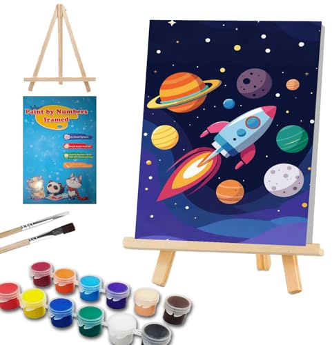WEMEON Rakete Malen nach Zahlen ab 7 8 9 10 mit Rahmen und Staffelei | Rakete Malen Nach Zahlen Kinder Anfänger, Paint by Numbers für Mädchen und Junge mit Geschenk Box 20x30
