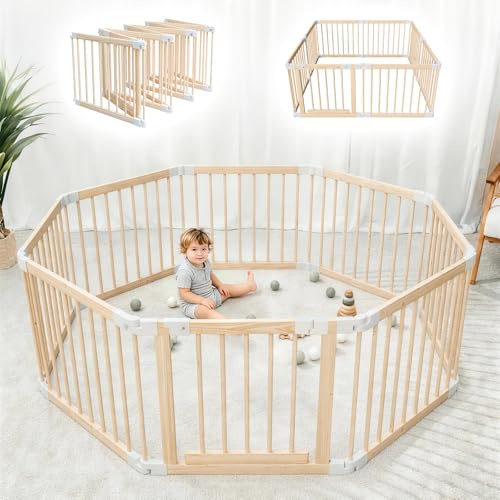 Laufstall Baby Holz, Faltbares Laufgitter für Babys & kinder 141×141×61 cm | Laufgitter Baby mit Tür & Sicherheitsverschluss, individuell formbarer Krabbelgitter & Absperrgitter für Kleinkind & Kind