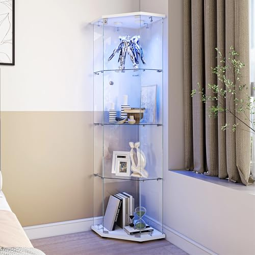 BRILVERDE Eckvitrine aus Glas mit LED-Lichtern, Tür mit Schloss, Vitrine für Sammlungen, Bücher, Weine, Büro und Wohnzimmer (4 Ablagen Weiß, 162 cm)