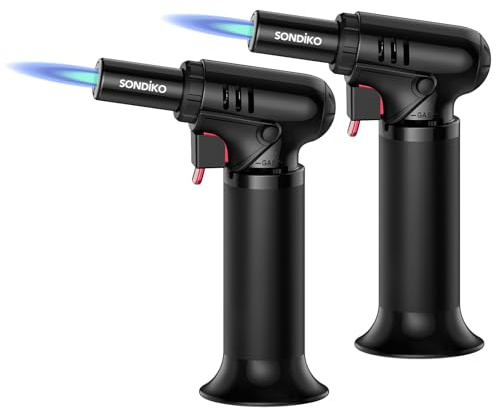 Sondiko Flambierbrenner mit Tankanzeige S907 2er-Pack, Bunsenbrenner Nachfüllbarer Creme Brulee Brenner mit Sicherheitsschloss für die Küche, Gebäck, Desserts, Camping, Schwarz