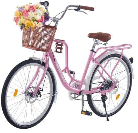 LSBIKE 24/26 Zoll Damen Fahrrad mit Korb, Frauen Mädchen 7-Gang Citybike, Mit Tassenhalter und leichtem Gepäckhalter, Doppelscheibenbremse Stadt Fahrrad,Vintage Fahrrad mit Reflektoren