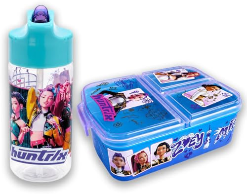 MARUKATSU Kpop - Set portapranzo per bambini con scomparti e borraccia da 410 ml, per bambini e bambine, contenitore per la scuola + borraccia riutilizzabile