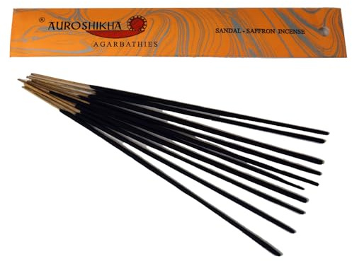 Auroshikha Räucherstäbchen - Indische Aromadüfte, Sandelholz/Safran | Handgefertigte Räucherstäbchen, 10 g Packung, traditionelle Herstellung, sozial verantwortlich, aus dem Sri Aurobindo Ashram.