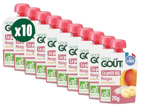 GOOD GOÛT - Petit Déj Mangue - Gourde Pour Bébé - Dès 6 Mois - Format Nomade - Sans Sucres Ajoutés - 10x70g