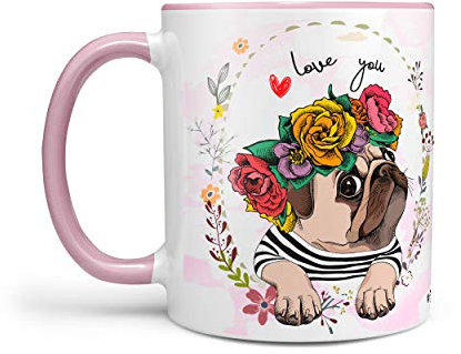 Kaffeetasse Tasse Teetasse Mops pug mit Blumenkranz