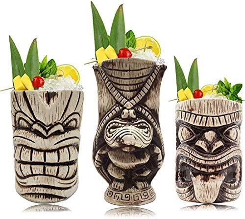 Tiki Tassen-Set – große Keramik-Tiki-Becher, Cocktailbecher für Mai Tai, Punch, Pina Colada und tropische Bargetränke (Tikiset)
