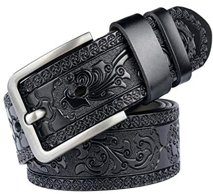 PACDE Cowboy-Gürtel, Leder, mit Dornschließe, Schwarz, Kaffee-Druck, Blume, Herren, Schwarz , 110 cm