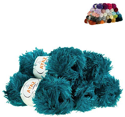 Fransen-Strickgarn Yumos 5 Knäuel je 150m/100g Strickgarn Wolle Strickwolle, Nadelstärke 4-5, Häkelnadel 3, Farbe:1328 dunkelpetrol