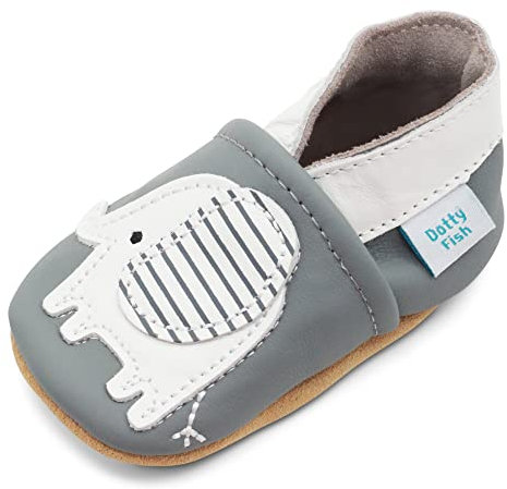 Dotty Fish Krabbelschuhe aus Leder – rutschfeste, weiche Sohle, Barfußgefühl, Lauflernschuhe & Babyschuhe für Jungen und Mädchen. Grauer Elefant. 2-3 Jahre (25 EU)