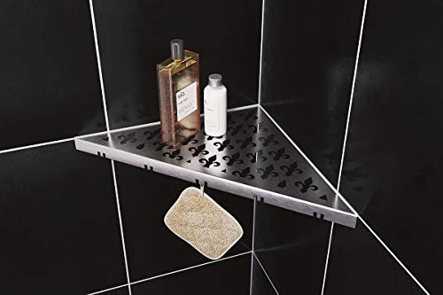 ABLAGO Duschablage/Eckregal für Dusche Edelstahl gebürstet mit Haken - nachträglich einbaubar/nachrüstbar - Vintage Design 240x240x340mm