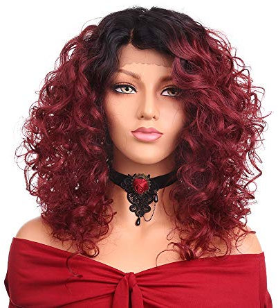 Pkfinrd Perruques Gradient Noir Perruque Rouge Courte Cheveux bouclés Selle Franges Frontal Dentelle Perruque hotte hotte aspirante température Haute température