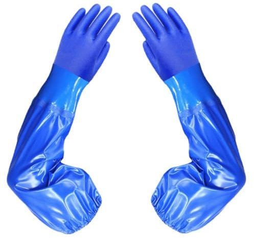 Gants extra longs en caoutchouc imperméables, réutilisables, résistants à l'acide, aux alcalins et à l'huile, pour machines, industrie, pêche, aquarium (bleu)