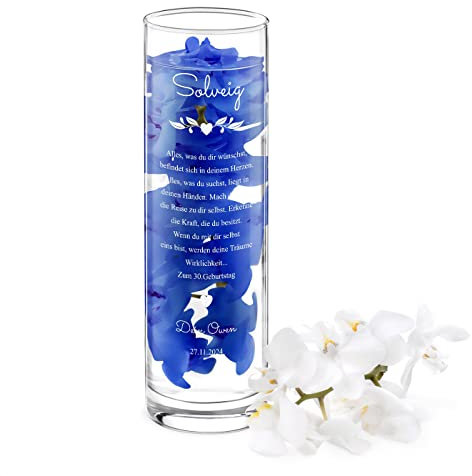 Maverton Glasvase mit Gravur Ø 8 cm - Tischvase hoch - Blumenvase für Frauen - zylindrisch rund - Deko Wohnzimmer - personalisierte Deko Vase - zum Geburtstag zum Muttertag - Blätter