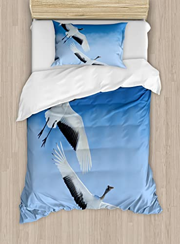 Ambesonne Bird Duvet Cover Sets, 2 Red Crowned Crane with Open Wings Flying in Clear Sky Japanese Animal Duo, Bedding Set with 2 Duvet Covers 4 Pillowcases, 2 Pack Cal King Size, Blue White Black