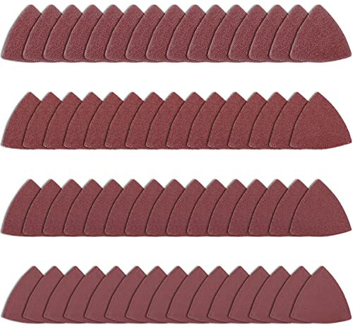 SIQUK 60 Pieces Triangular Sandpaper Assorted 40/60/80/120 Grits Hook and Loop Sanding Sheets Triangle Sanding Pads Fit 3-1/8 Inch Oscillating Multi Tool, No Holes