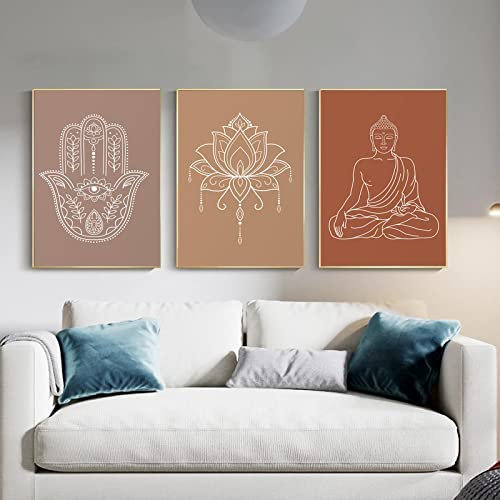 Neutrale Farben Mandala Buddha Lotus Boho Wand Kunstdruck Leinwand Malerei Poster Bild Zen Yoga Wohnzimmer Wohnkultur 15.7x 23.6(40x60cm)x3 Kein Rahmen