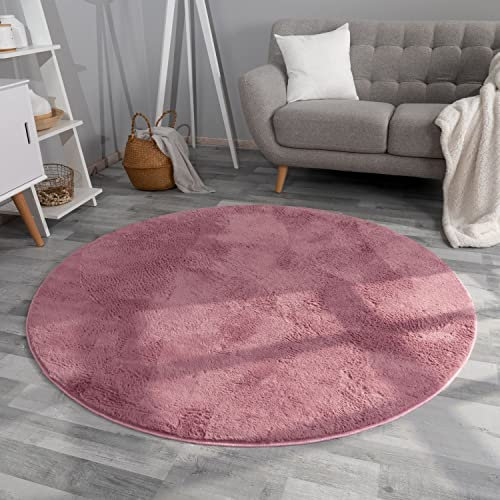 TT Home Wohnzimmer Teppich Hochflor Langflor Kunstfell Weich Modern Unifarben Flauschig, Farbe:Rosa Mauve, Größe:120 cm Rund