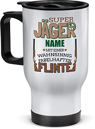 Tassendruck Edelstahl-Thermobecher selbst gestalten mit Name - Super Jäger mit Flinte - Coffee to Go Becher, Jäger Geschenke, Jagd Zubehör, Waidmannsheil | Personalisiertes Geschenk, Weiß, 390 ml