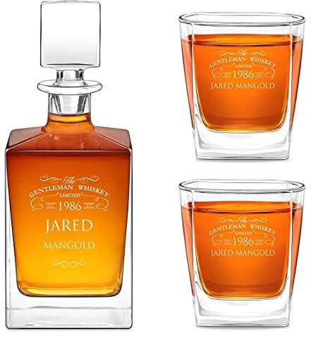 Maverton Whiskey Dekanter 810 ml + 2/4 / 6er Whisky Gläser Set mit Gravur - personalisiertes Whisky Karaffe Set für Männer - Glas Karaffe mit Gläsern für Whiskygenießer - Limited