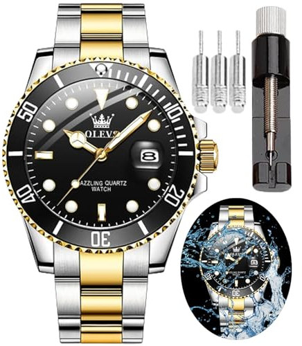 OLEVS Armbanduhr für Herren, wasserdicht, blaues Zifferblatt, luxuriös, zweifarbig, Edelstahl-Armbanduhr mit Tagesdatum, modisch, klassisch, sportlich, Zifferblatt aus schwarzem Stahl, Armband