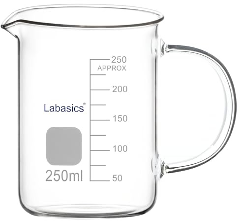 Labasics Glasbecher, G3.3 Borosilikat Laborglas Messbecher Transparenter Messbecher Becher mit Griff und Ausguss, 250 ml
