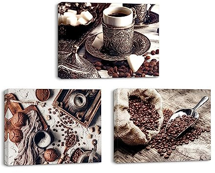 Piy Painting Kunstdrücke auf Leinwand Kaffee und Kaffeebohnen Leinwandbild modern Wandbilder set Wanddekoration Design Leinwand Bilder mit Innenrahmen für Küche, Restaurant, Café und Büro 3X 40x30cm
