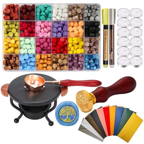 WEWINK PLUS 748 PCS Seal Stamp Kit, 720 PCS Sealing Beads Set With Stamp, Warmer, Spoon, 12 Tea Candles, 10 Envelopes, 2 Pens for Crafts, DIY, Letter, Gifts