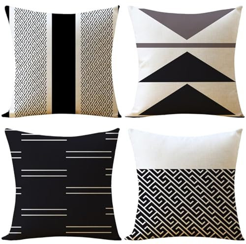 Kissenbezug 80x80 cm 4er Set Schwarz Kissenbezüge Textur Outdoor Kissen Leinen Sofakissen Dekokissen Gartenmöbel Kissen couchkissen kissenhülle für Couch Wohnzimmer Bank Büro Auto Home Decor Geschenke