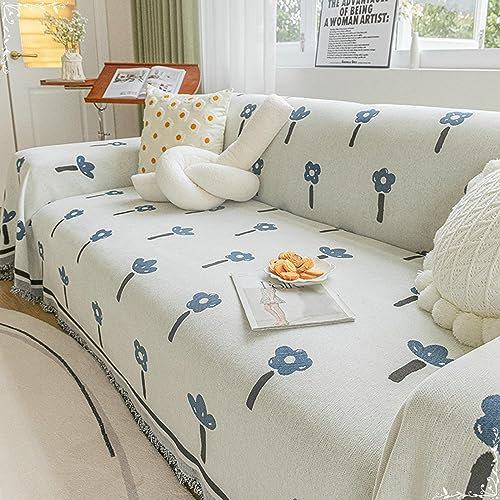 Mesnt Sofabezug Recamiere, Chenille Waschbar Sofa Protection Cover Schonbezug Couch mit Kleines Blumenmuster mit Fransen Blau, 180x260CM
