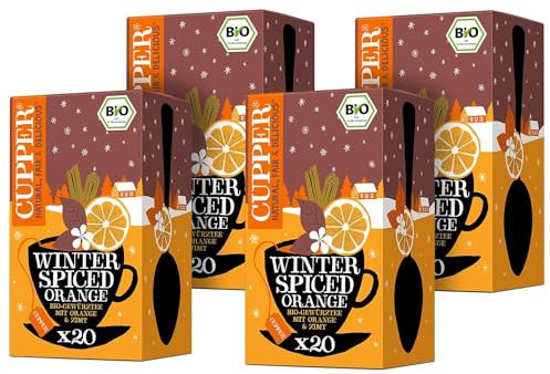 Cupper Bio Gewürztee Winter Spiced Orange, Kräutertee, Chai, Zimt, Hibiskus, 80 ungebleichte Teebeutel, umweltfreundlich, fair gehandelt, 4er Pack