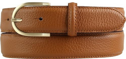 Italienischer Damen-Gürtel, 30 mm breit, Damen, Chinogürtel, Hosengürtel, strukturiertes Leder, Schließe Gold | Tabac 80cm