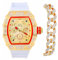 ICE STAR Herren Iced Out Tonneau Form Uhr & Cuban Armband Set mit Silikonband, Gold-Weiß mit Armband, 9 inch, Iced Out
