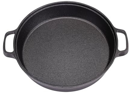 Warmiehomy Cast Iron Griddle Pan,35cm Pre-Seasoned Non-Stick Grill Pan,Round BBQ Skillet with 2 Handles for Gas Induction Hob,Flat Surface