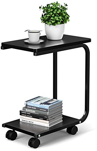 CASART C-Shaped Side Table, Rolling Sofa Couch End Table with 4 Wheels & 2-Tier Shelf, Metal Frame Bed Laptop Stand Table for Living Room Bedroom Apartment, Black