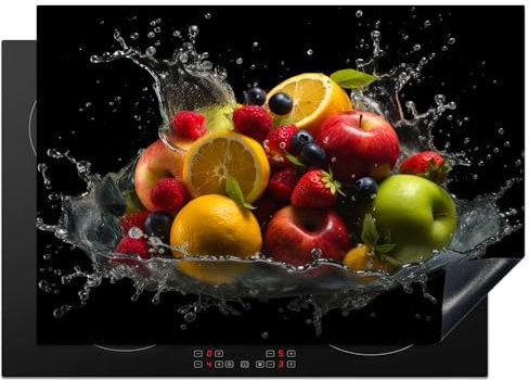 KitchenYeah© Coperchio Piano Cottura 75x52 cm Cucina Copri Fornelli Tappetino Induzione Antiscivolo Piastra Protezione Frutta - Mela - Arancia - Rosso - Acqua